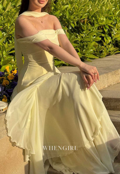 Off Shoulder Cowl Neck Tiered Chiffon Gown