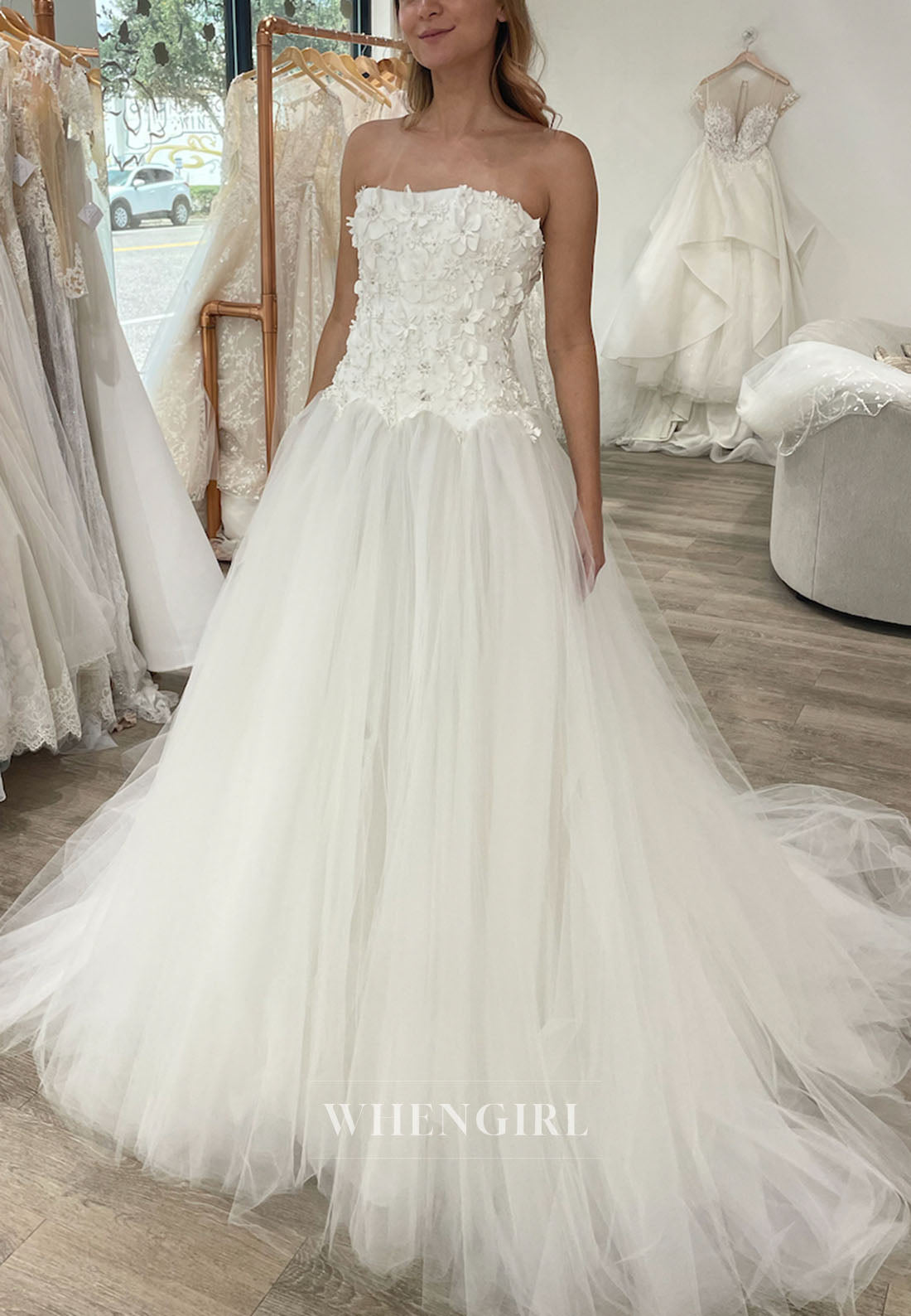 Strapless 3D Floral Bodice Tulle Wedding Ball Gown