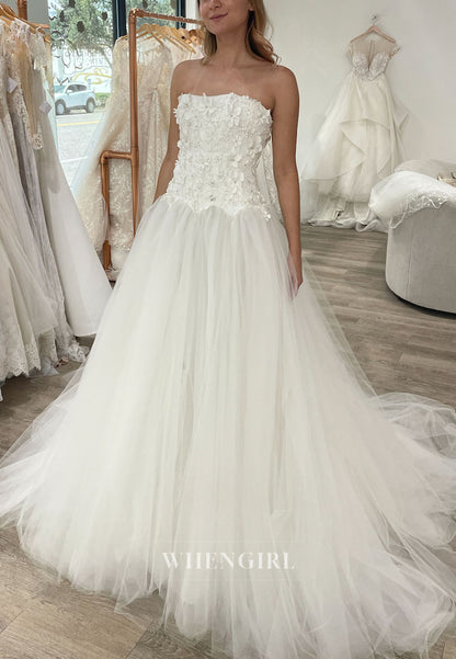 Strapless 3D Floral Bodice Tulle Wedding Ball Gown