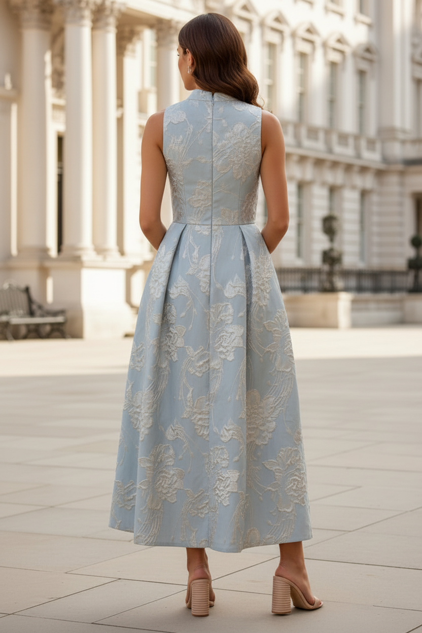 Sleeveless Jacquard Tea-Length Dress with Pockets