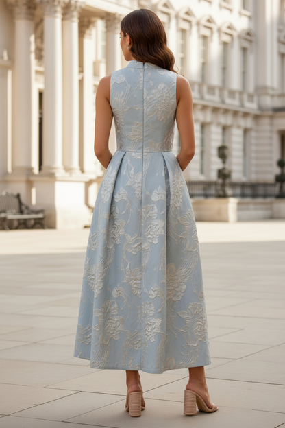 Sleeveless Jacquard Tea-Length Dress with Pockets