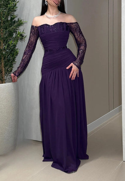 Off-the-Shoulder Beaded Ruched Evening Gown