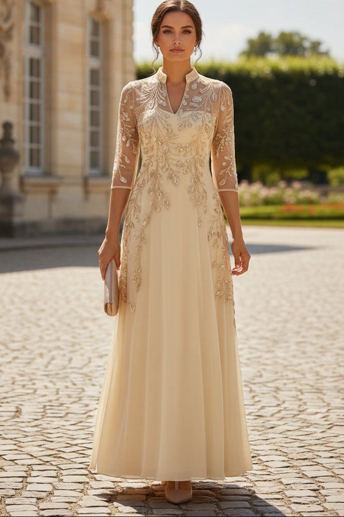 Illusion Beaded A-Line Evening Gown with 3/4 Sleeves