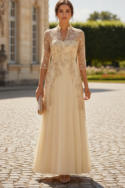 Illusion Beaded A-Line Evening Gown with 3/4 Sleeves