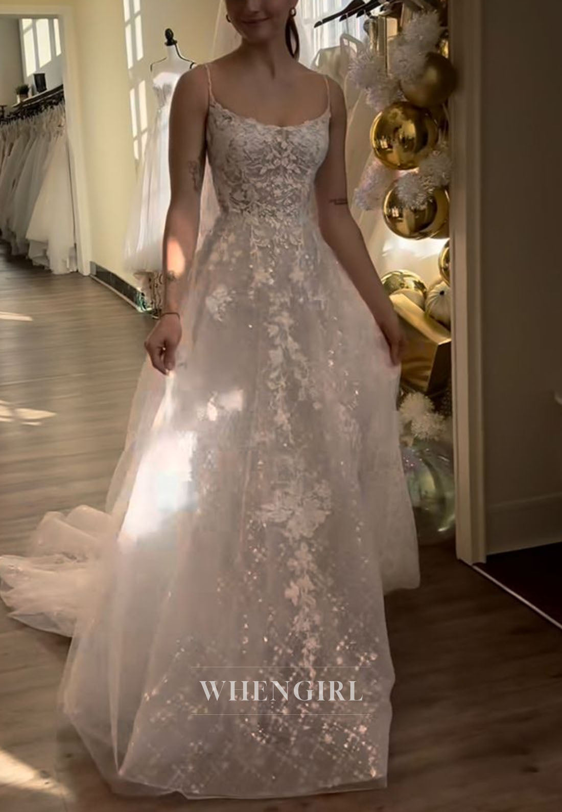 A-Line Lace and Tulle Wedding Dress with Spaghetti Straps