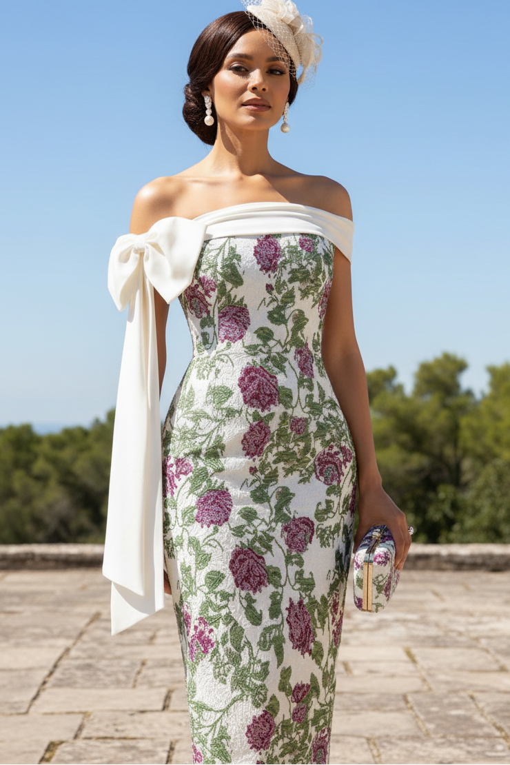 Off-Shoulder Floral Jacquard Midi Dress
