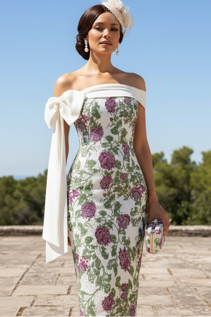 Off-Shoulder Floral Jacquard Midi Dress