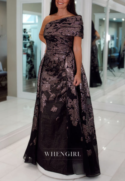 One-Shoulder Metallic Jacquard Evening Gown