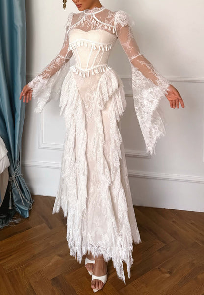 Lace Bell Sleeve Corset Gown with Tassels