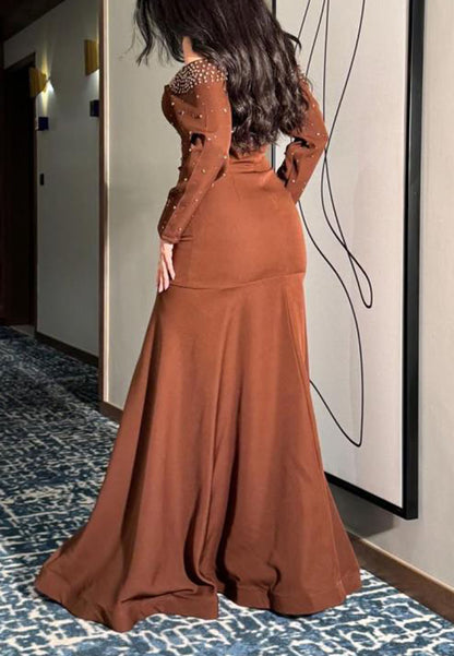 Off-the-Shoulder Beaded Mermaid Gown with Long Sleeves