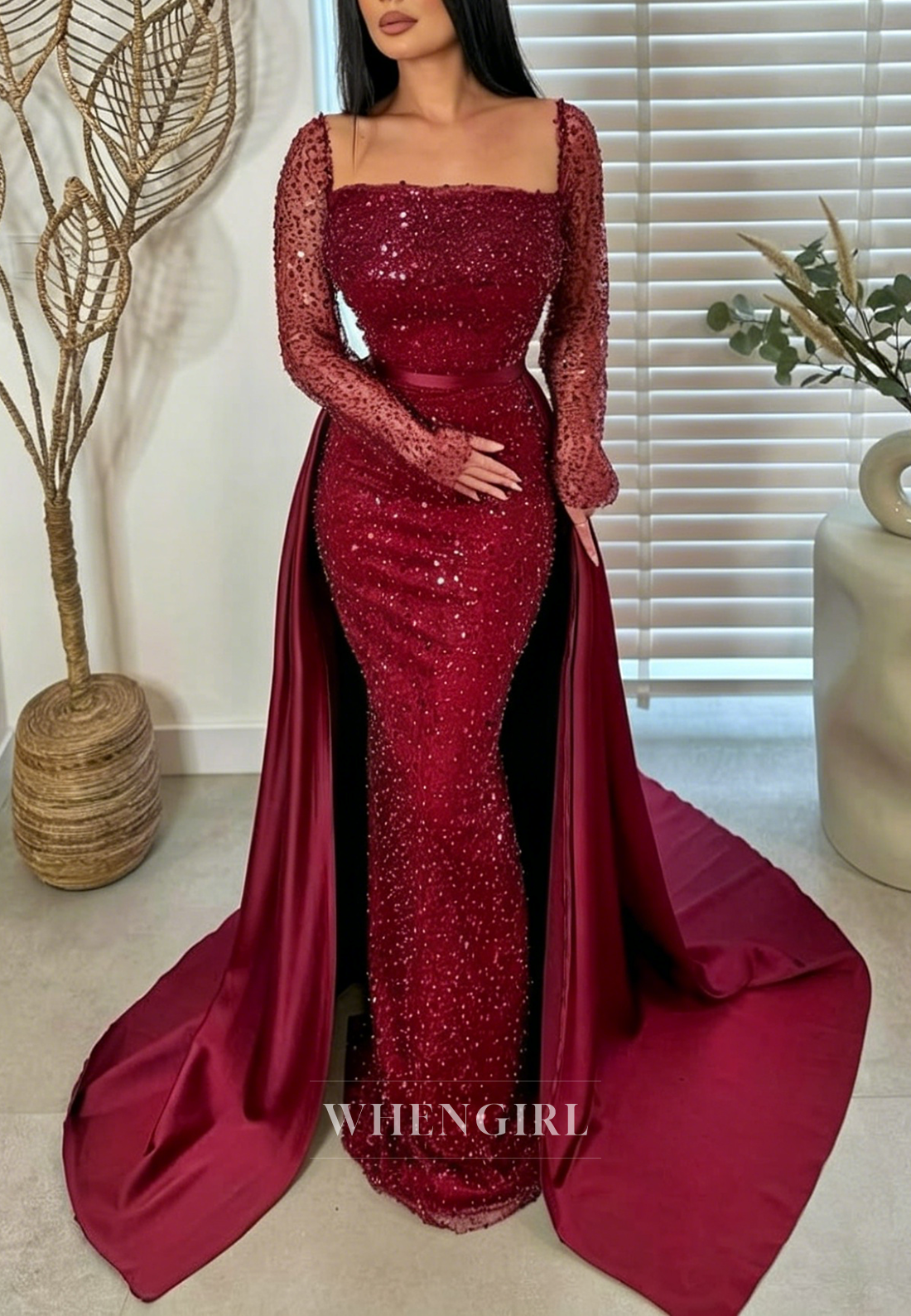 Pearl Beaded Mesh Long Sleeve Gown with Overskirt