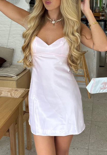 Tie-Back Satin Mini Dress with Spaghetti Straps
