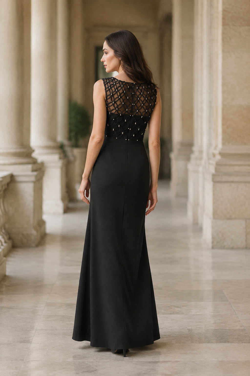 Beaded Illusion Bodice Gown with Side Draping