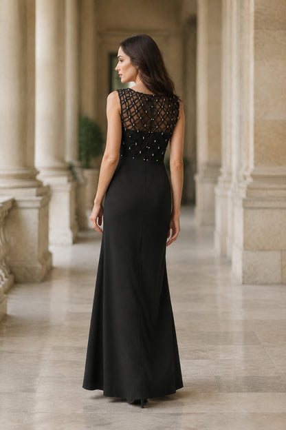 Beaded Illusion Bodice Gown with Side Draping