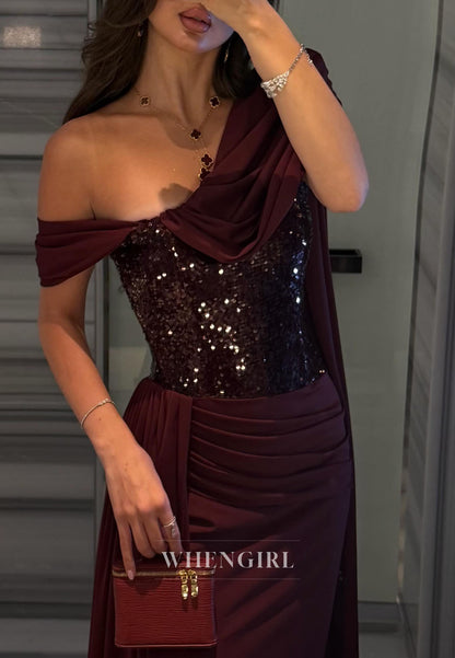 Sequined Asymmetrical Gown with Draped Cape