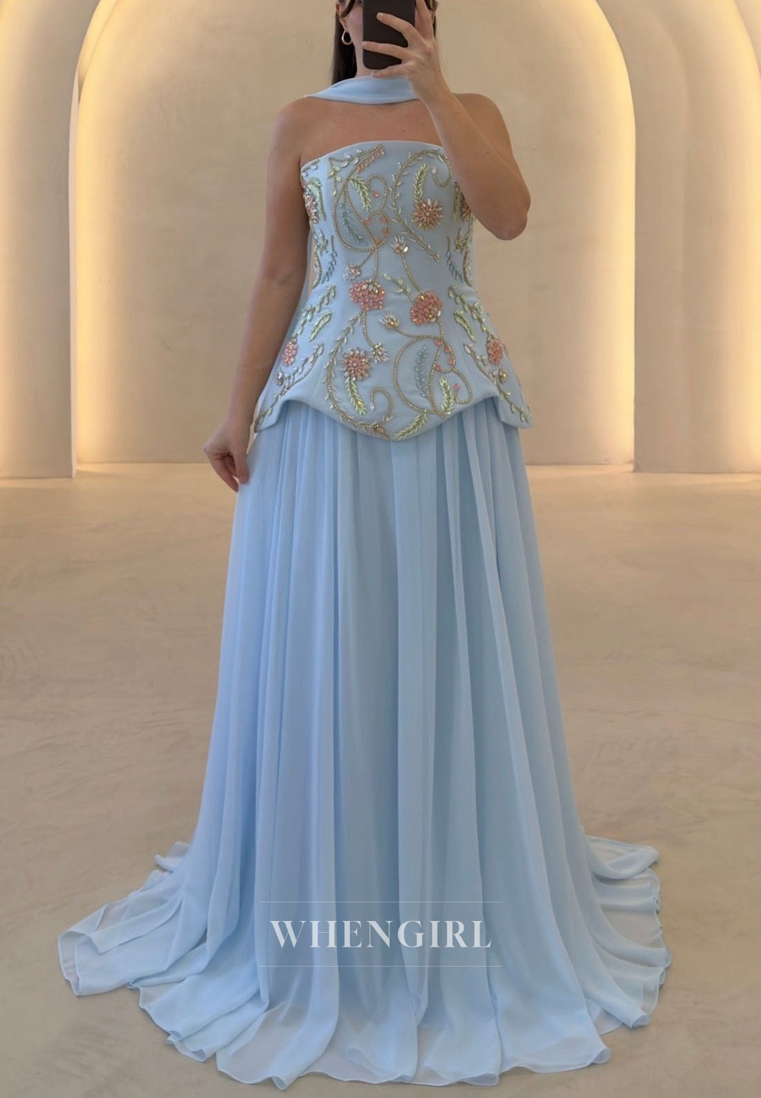 Embroidered Strapless Peplum Gown with Shawl