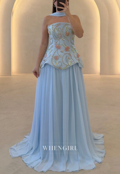 Embroidered Strapless Peplum Gown with Shawl