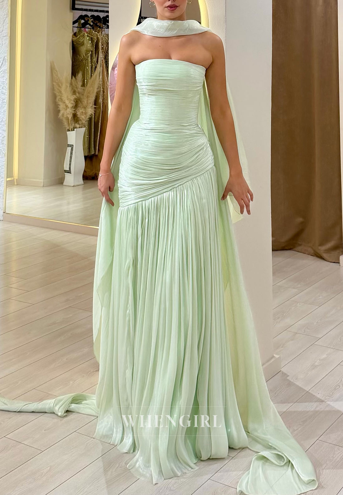 Strapless Pleated Evening Gown with Convertible Cape