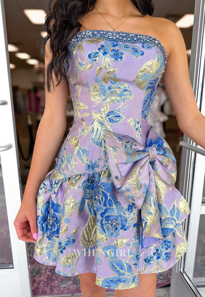 Strapless Floral Jacquard Homecoming Dress with Bow