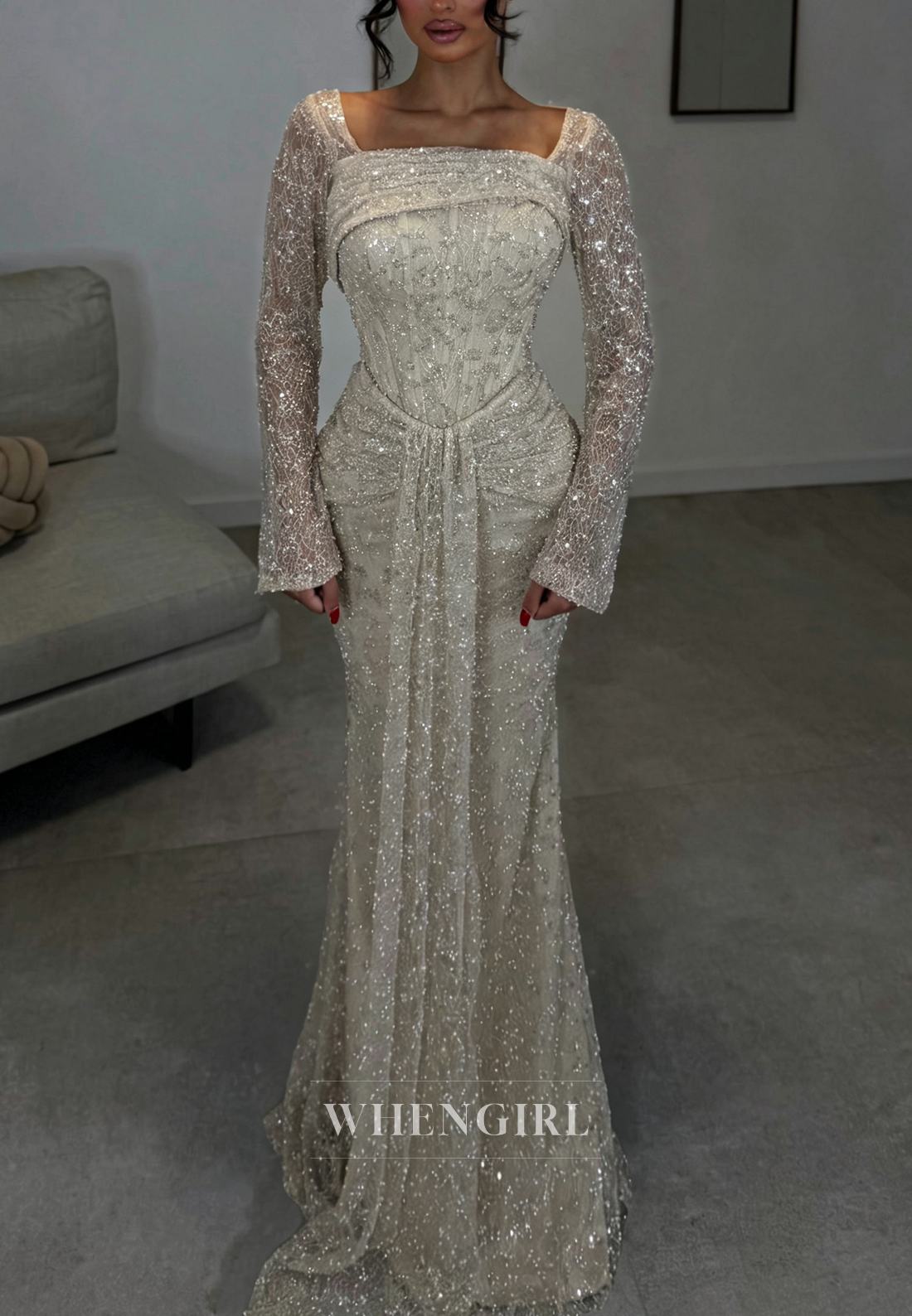 Sequined Long-Sleeve Evening Gown with Draped Front