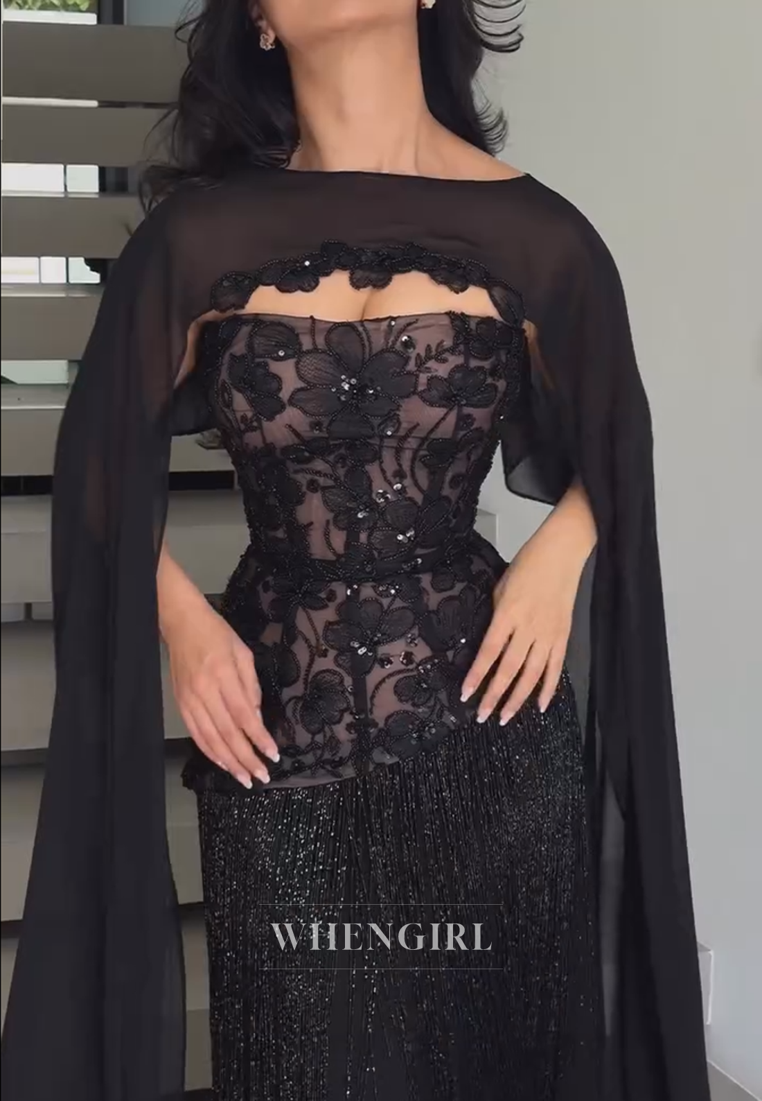 Corset Evening Gown with Beaded Fringe & Cape