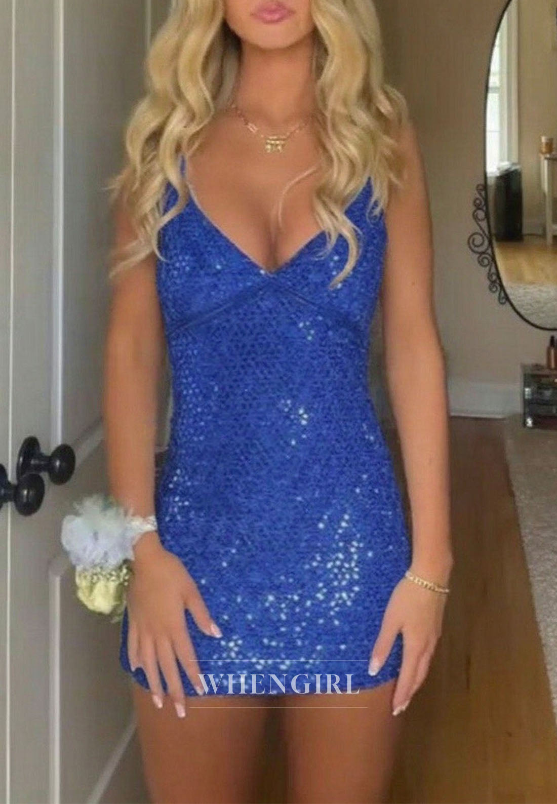 Sequin V-Neck Spaghetti Strap Mini Bodycon Dress