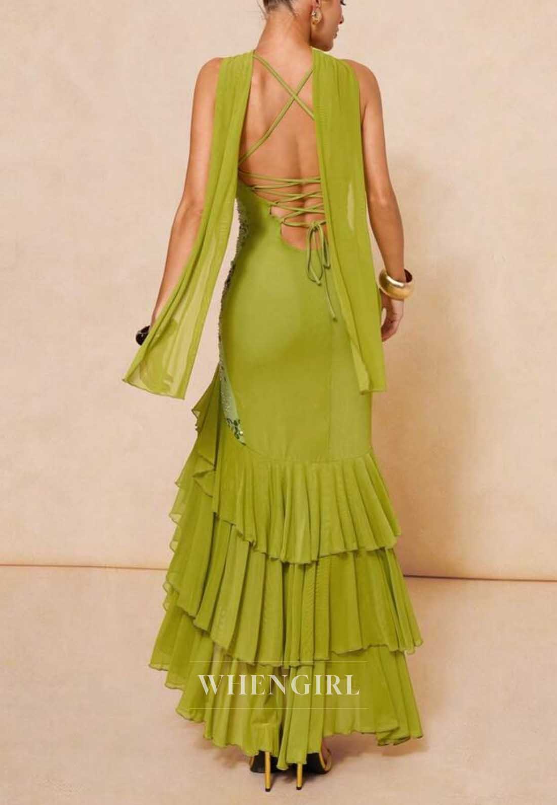 V-Neck Sequin Tiered Ruffle Mermaid Maxi Dress