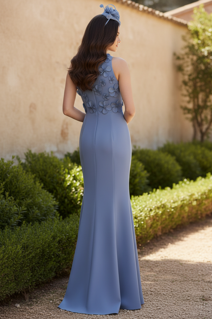 3D Floral High-Neck Trumpet Evening Gown