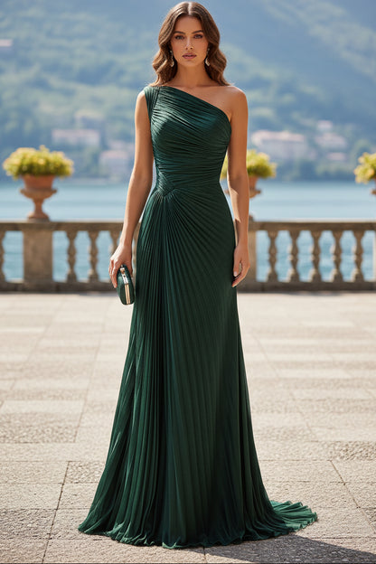 One-Shoulder Pleated Evening Gown with Sweep Train