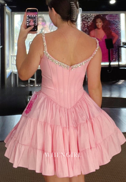 Tiered Ruffle Mini Dress with Crystal Square Neckline