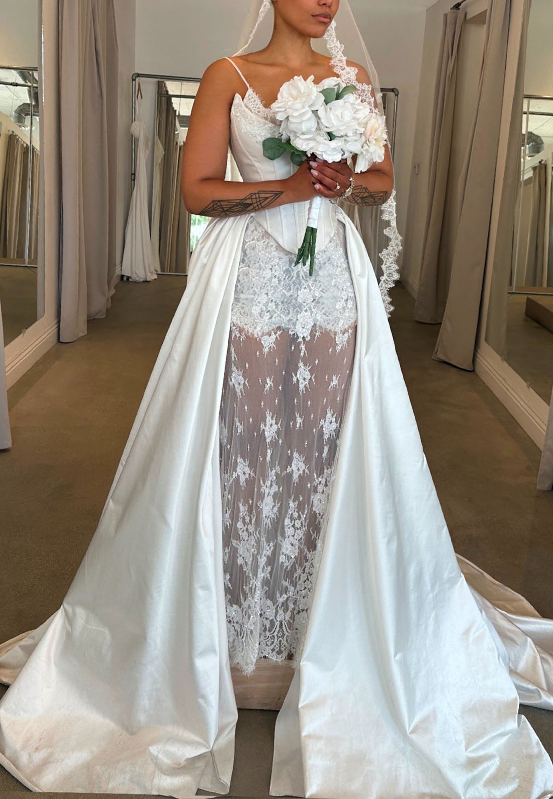 Corset Lace Sheath Wedding Dress with Overskirt