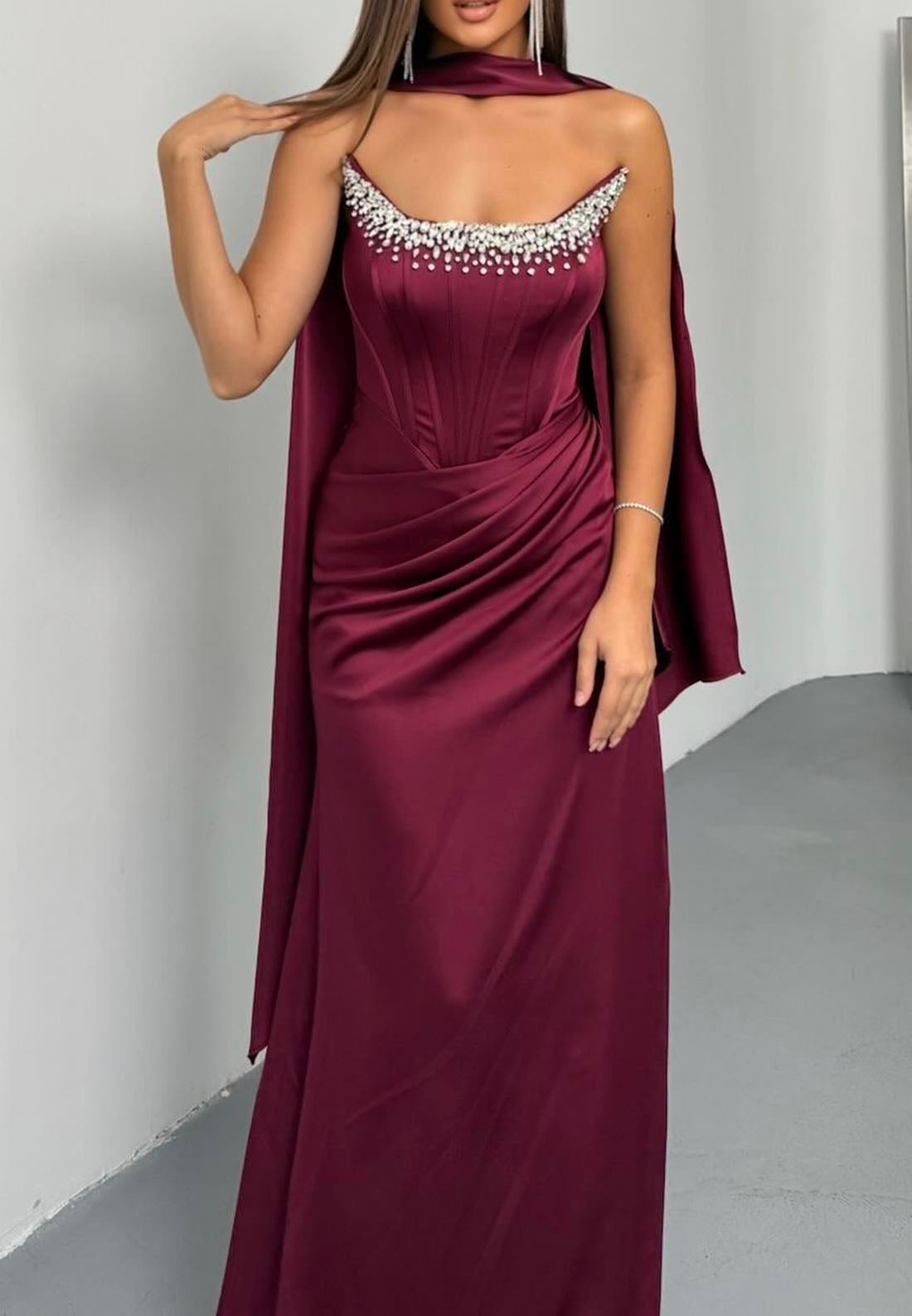 Corset Evening Gown with Beaded Neckline & Cape