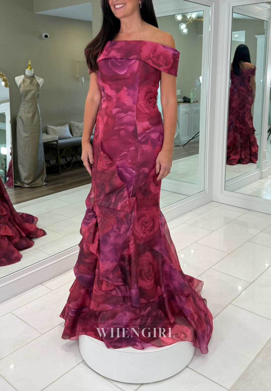 Off-the-Shoulder Floral Trumpet Gown with Ruffles