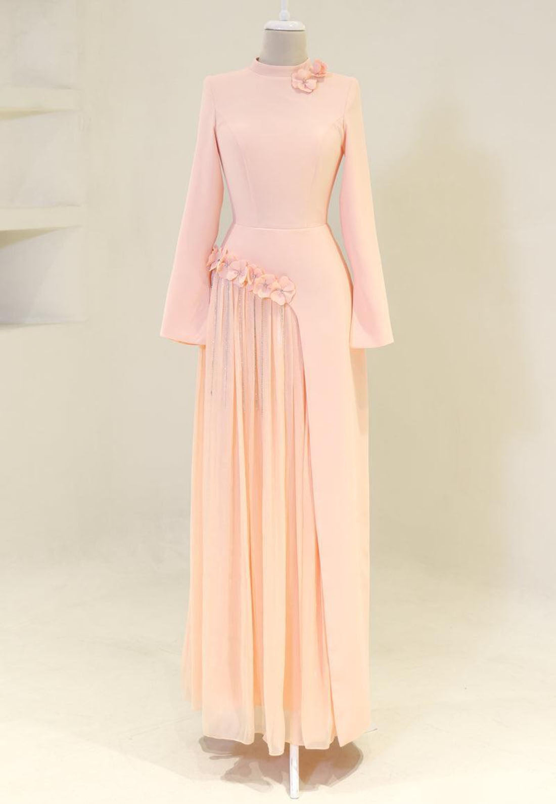 High Neck Maxi Dress with Pleated Inset & 3D Flowers