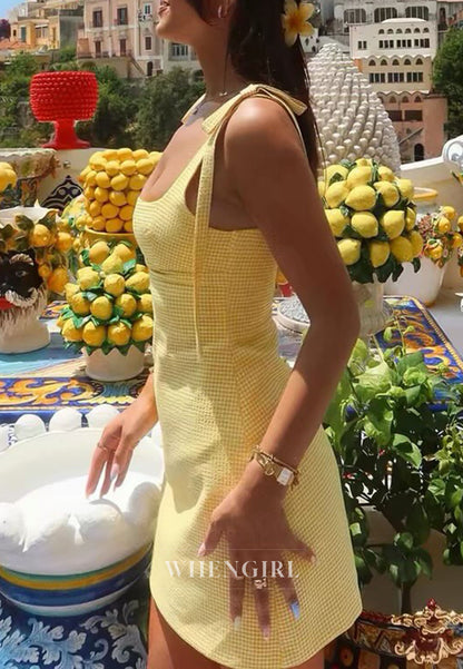 Gingham Square-Neck Mini Dress with Tie Straps