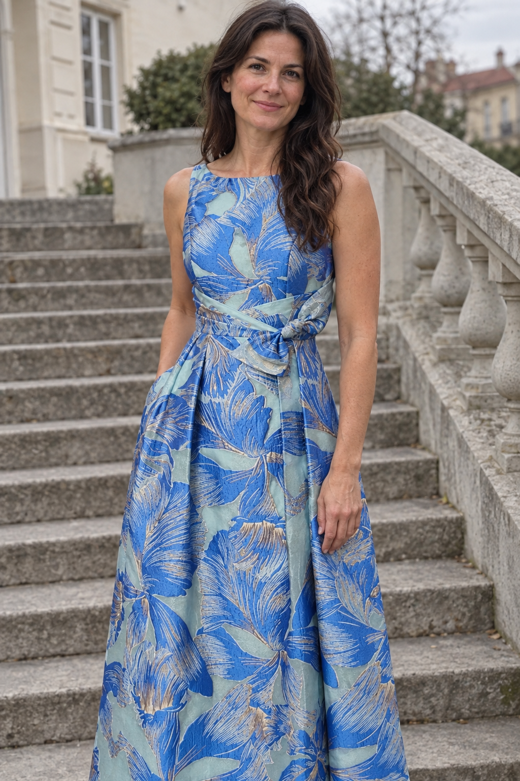 Floral Jacquard Sleeveless A-Line Maxi Dress