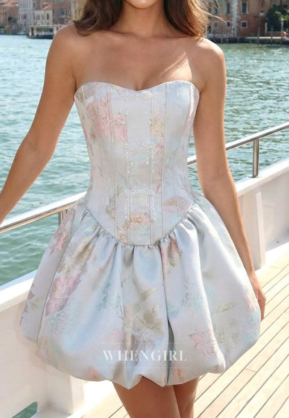 Strapless Jacquard Corset Bubble Mini Dress