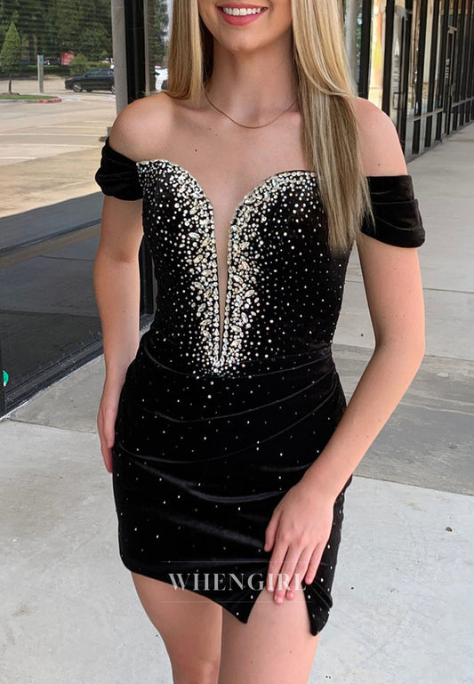 Off-Shoulder Plunging Velvet Rhinestone Mini Dress