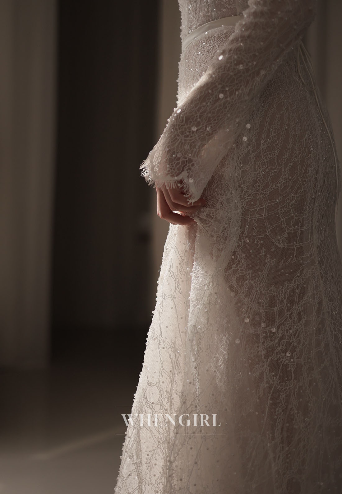 High Neck Sequin Lace Wedding Dress with Sleeves