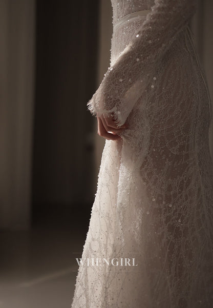 High Neck Sequin Lace Wedding Dress with Sleeves
