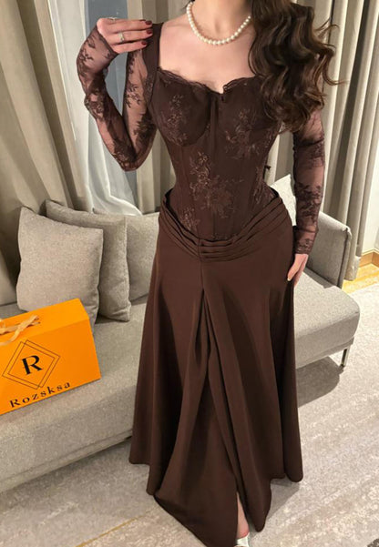 Lace Corset Long Sleeve A-Line Evening Gown