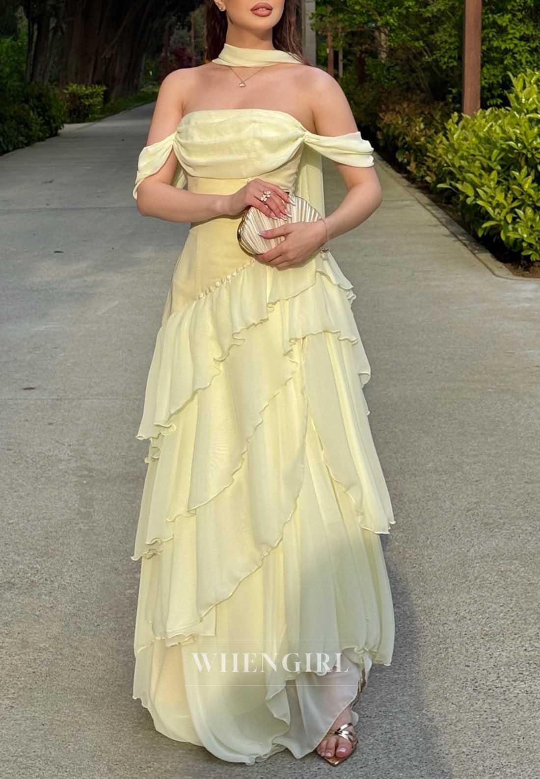 Off Shoulder Cowl Neck Tiered Chiffon Gown