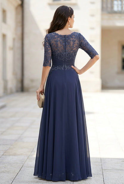 Embroidered A-Line Gown with 3/4 Sleeves