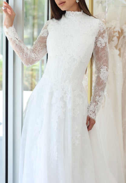 High Neck Lace Long Sleeve Ball Gown Wedding Dress