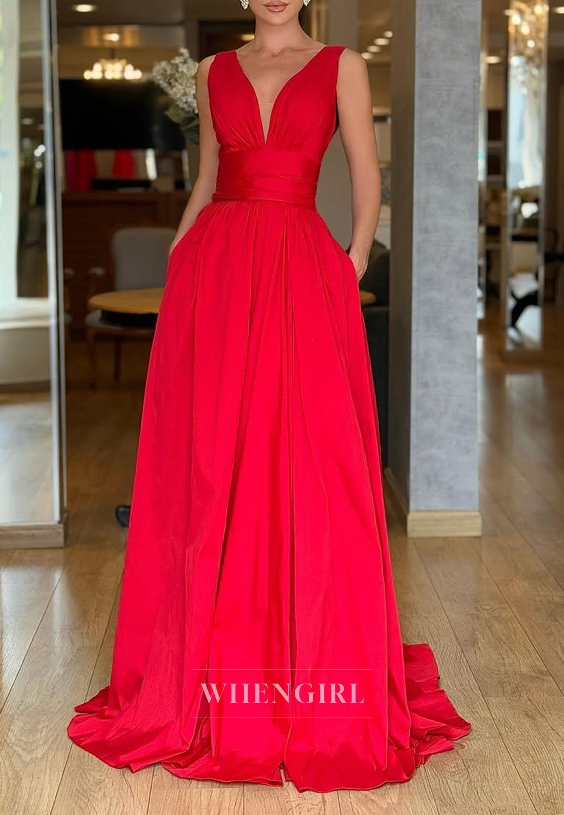 A-Line Plunging V-Neck Gown with Side Pockets