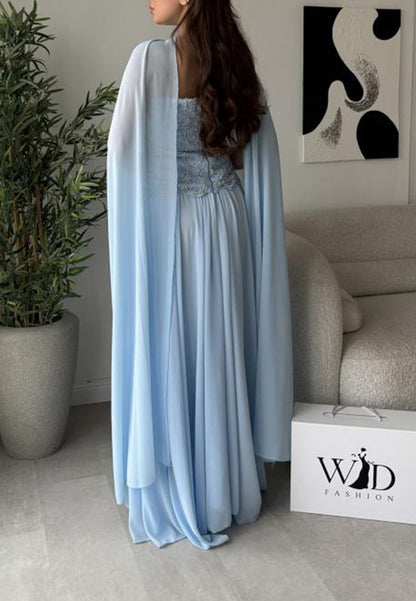 Embellished Bodice Cape Evening Gown
