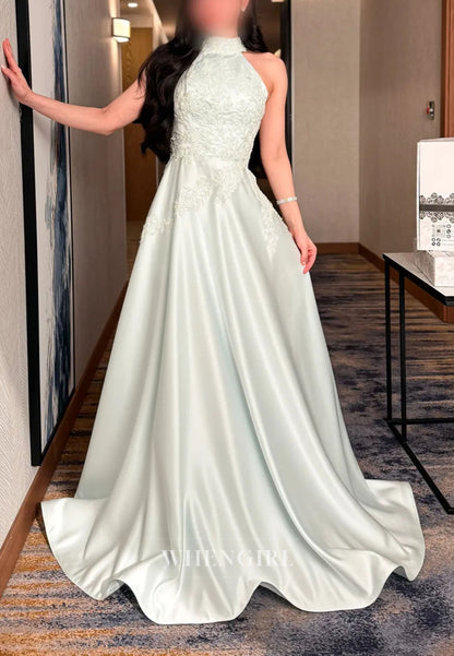Halter Lace Applique A-Line Evening Gown