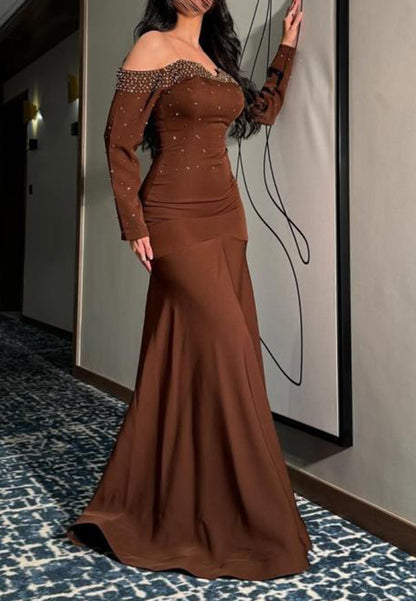 Off-the-Shoulder Beaded Mermaid Gown with Long Sleeves