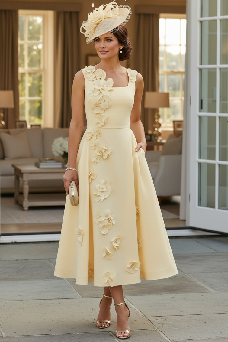 3D Floral Square Neck Midi A-Line Dress