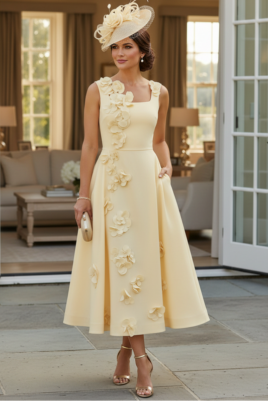 3D Floral Square Neck Midi A-Line Dress